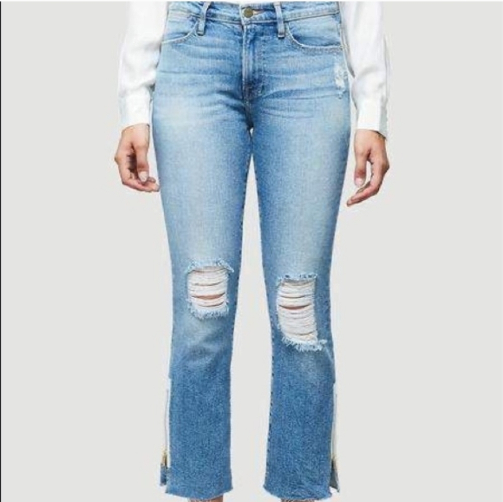 FRAME LE HIGH STRAIGHT RAW EDGE EXPOSED ZIPPER JEANS IN ALLOWAY SIZE 28